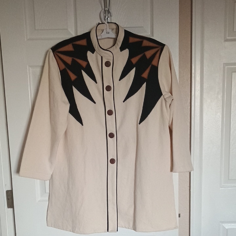 Cream and Black Geometric Blazer with Angular Accents